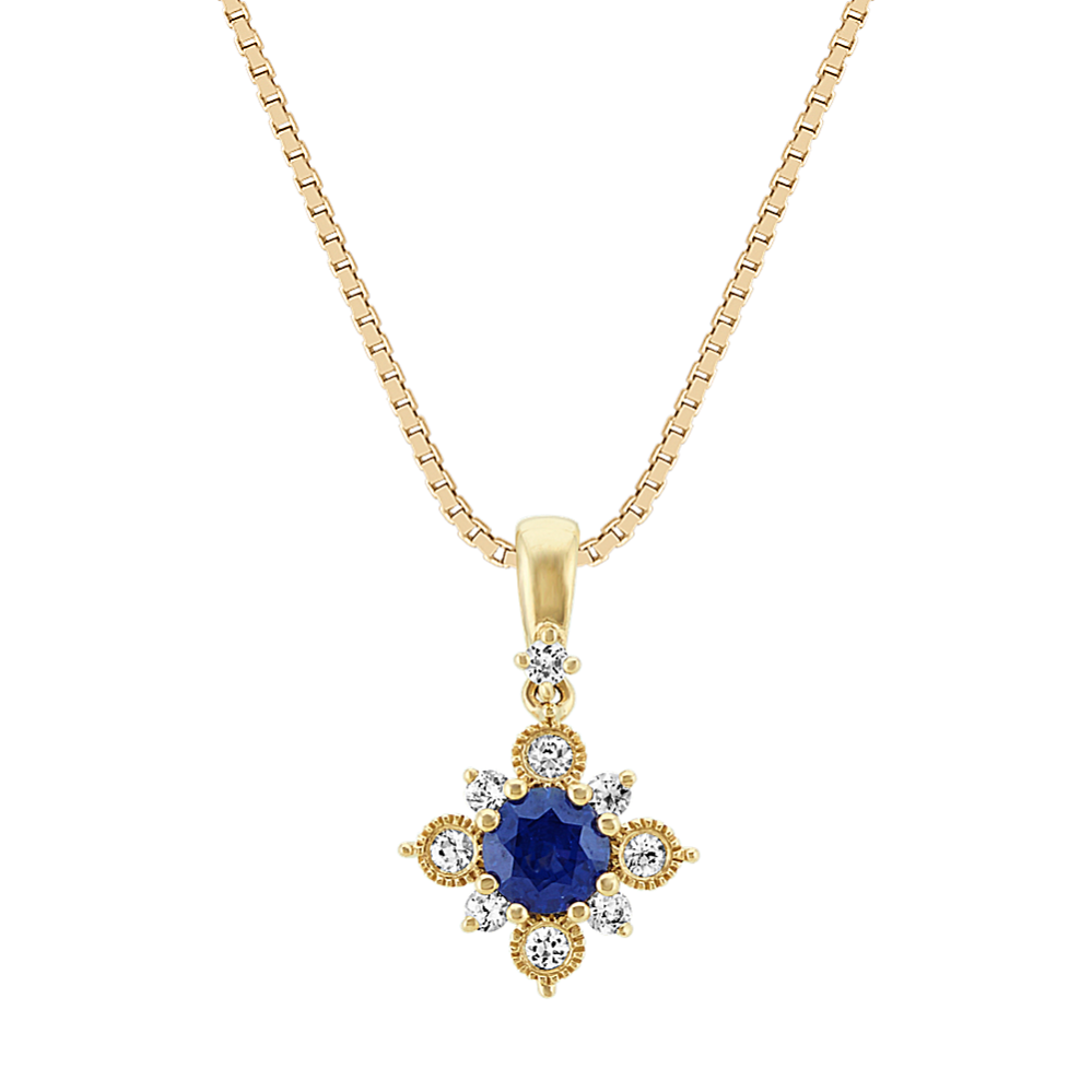 Starburst Traditional Blue and White Sapphire Pendant in 14K Yellow Gold (18'')