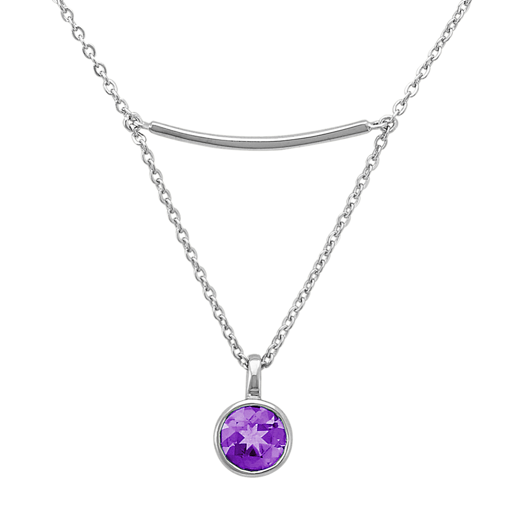 Sterling Silver Bar Necklace with Drop Accent of Round Amethyst (16'')