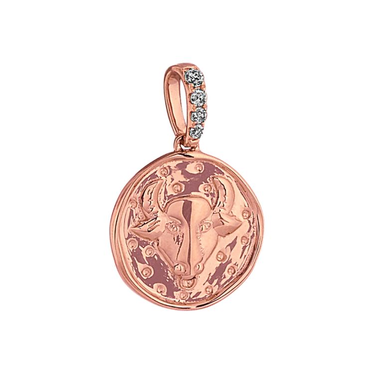 Taurus Zodiac Charm with Natural Diamond Accent in 14k Rose Gold