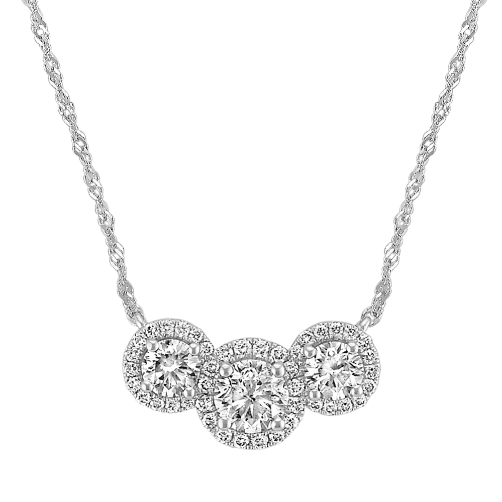 Three-Stone Diamond Halo Necklace in 14k White Gold