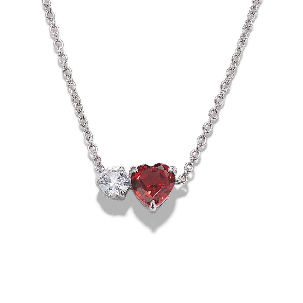 Toi et Moi Natural Garnet and Natural White Sapphire Necklace in Sterling Silver (18 in)