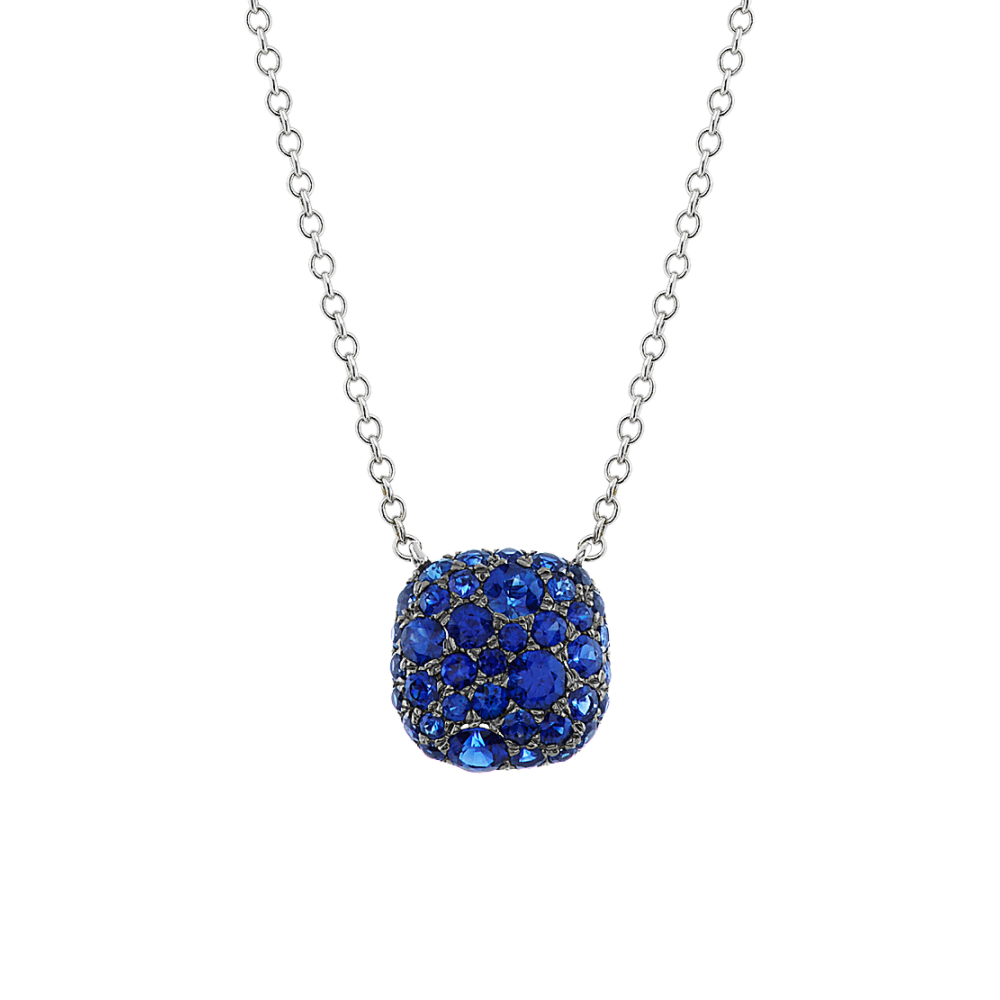 Traditional Blue Natural Sapphire Cluster Necklace in 14k White Gold (18 in)