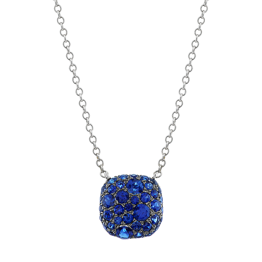 Traditional Blue Sapphire Cluster Necklace in 14k White Gold (18 in)