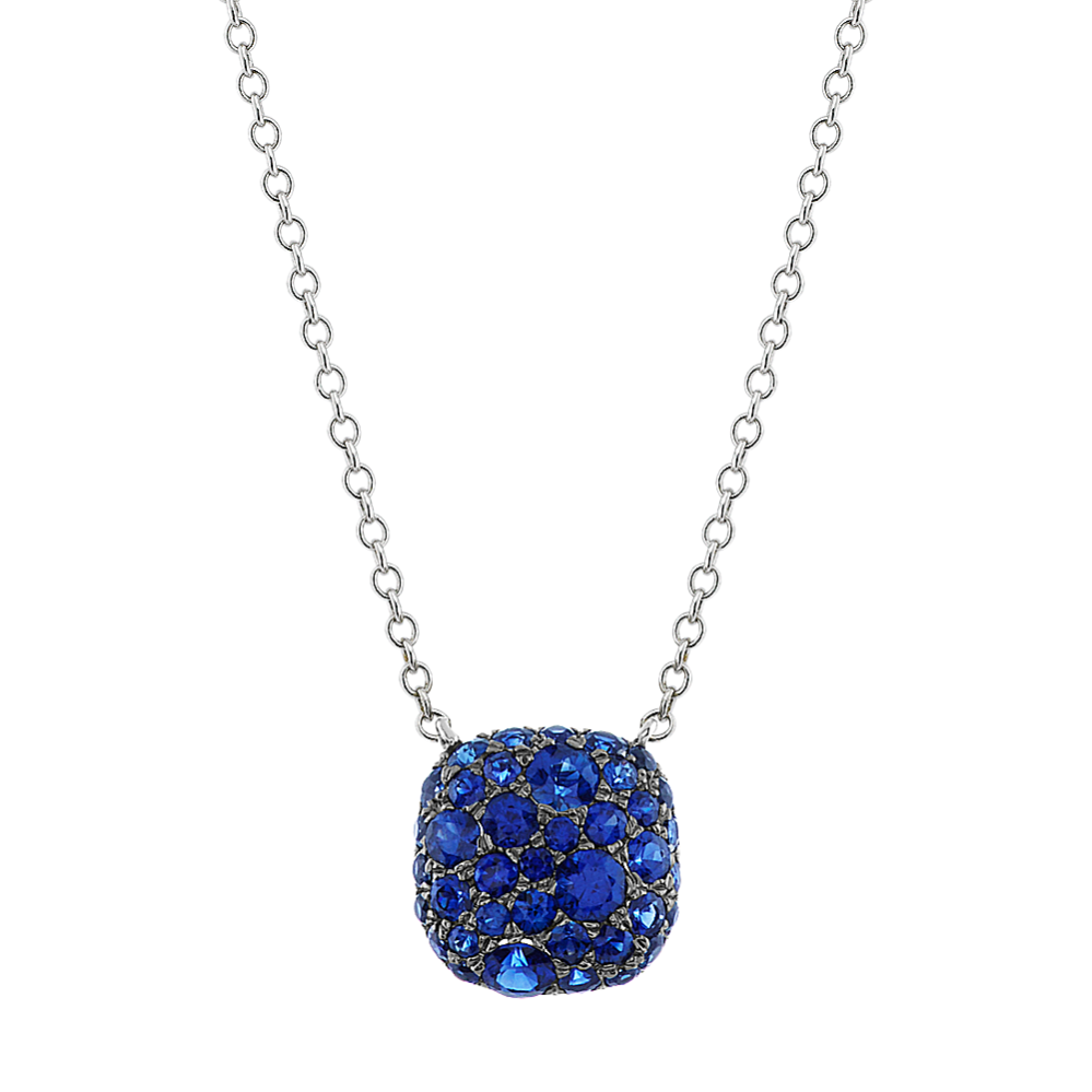 Traditional Blue Sapphire Cluster Necklace in 14k White Gold (18'')