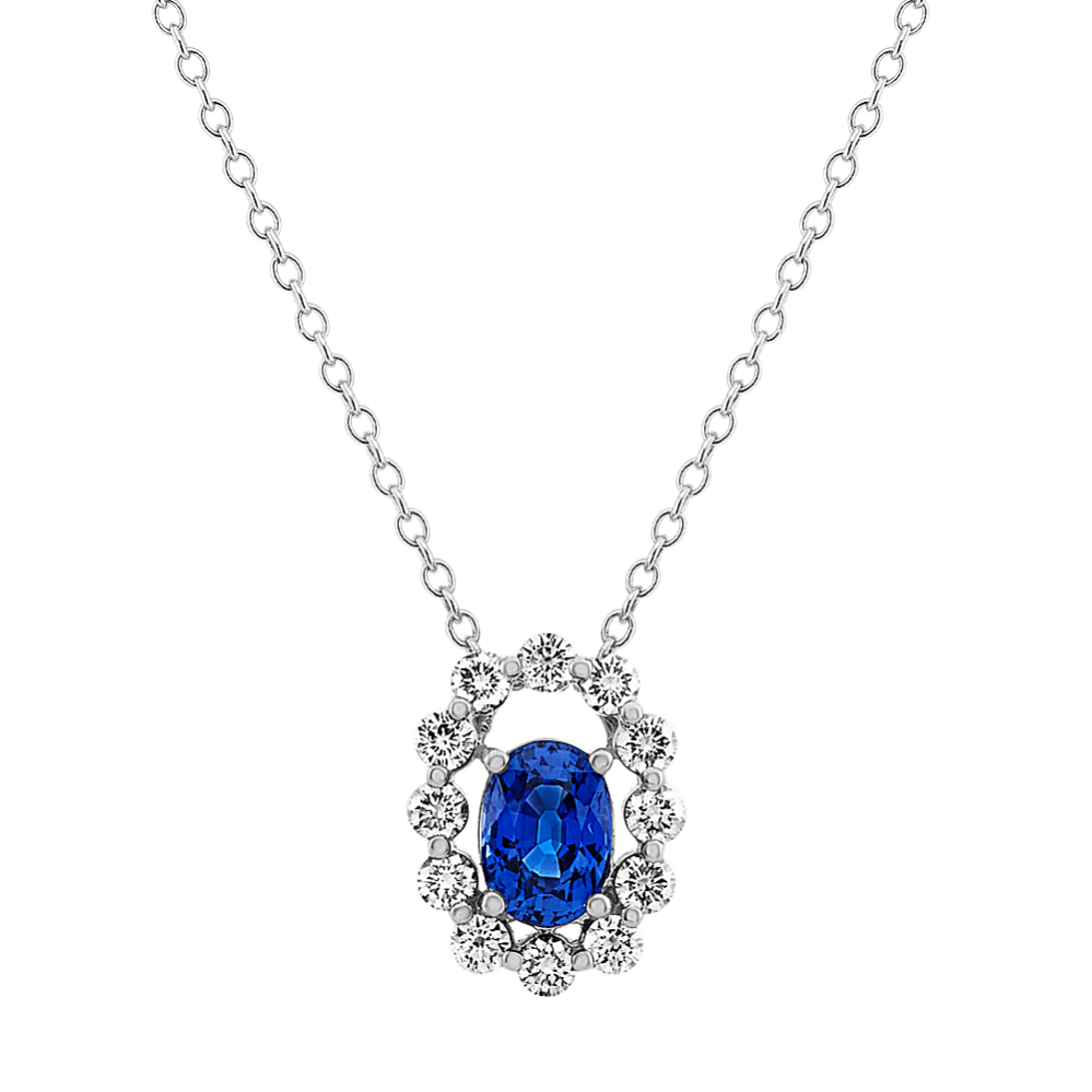 Traditional Blue Sapphire and Diamond Halo Pendant (24 in)