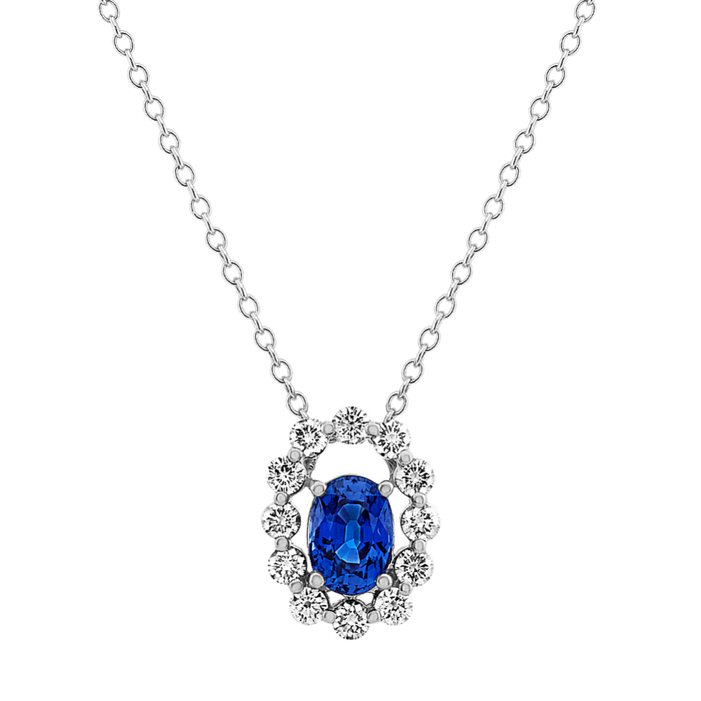 Traditional Blue Sapphire and Diamond Halo Pendant (24'')