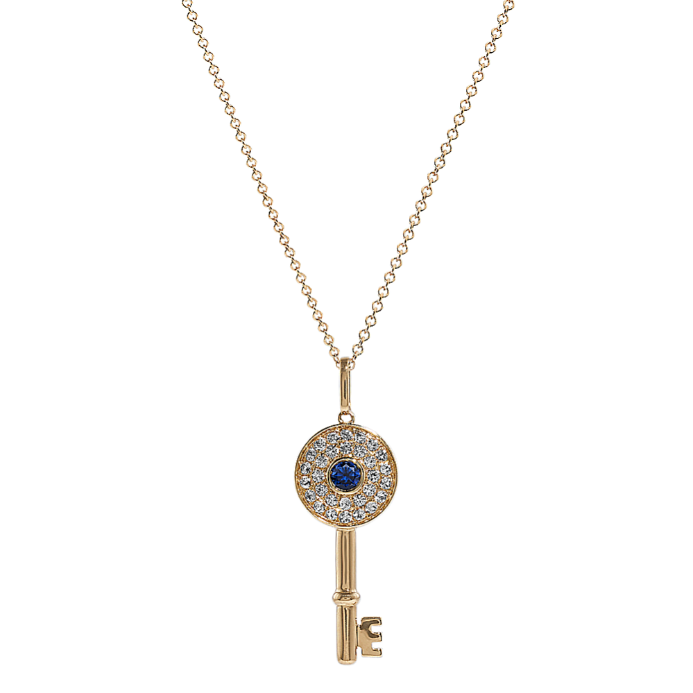 Blue and White Sapphire Key Pendant in 14K Yellow Gold (20 in)