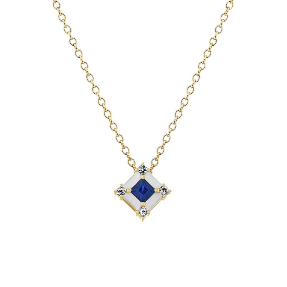 Traditional Blue and White Sapphire Enamel Pendant (18'')