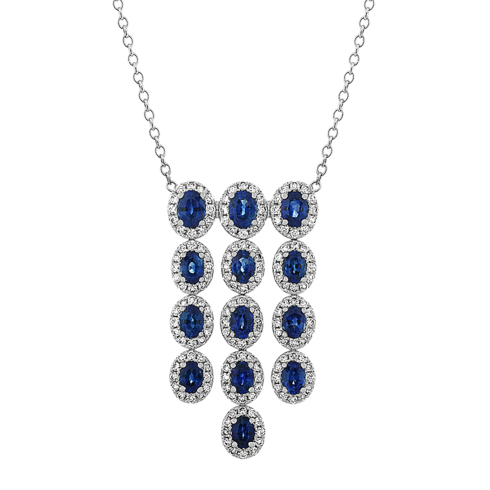 Traditional Sapphire and Diamond Halo Pendant (22'')