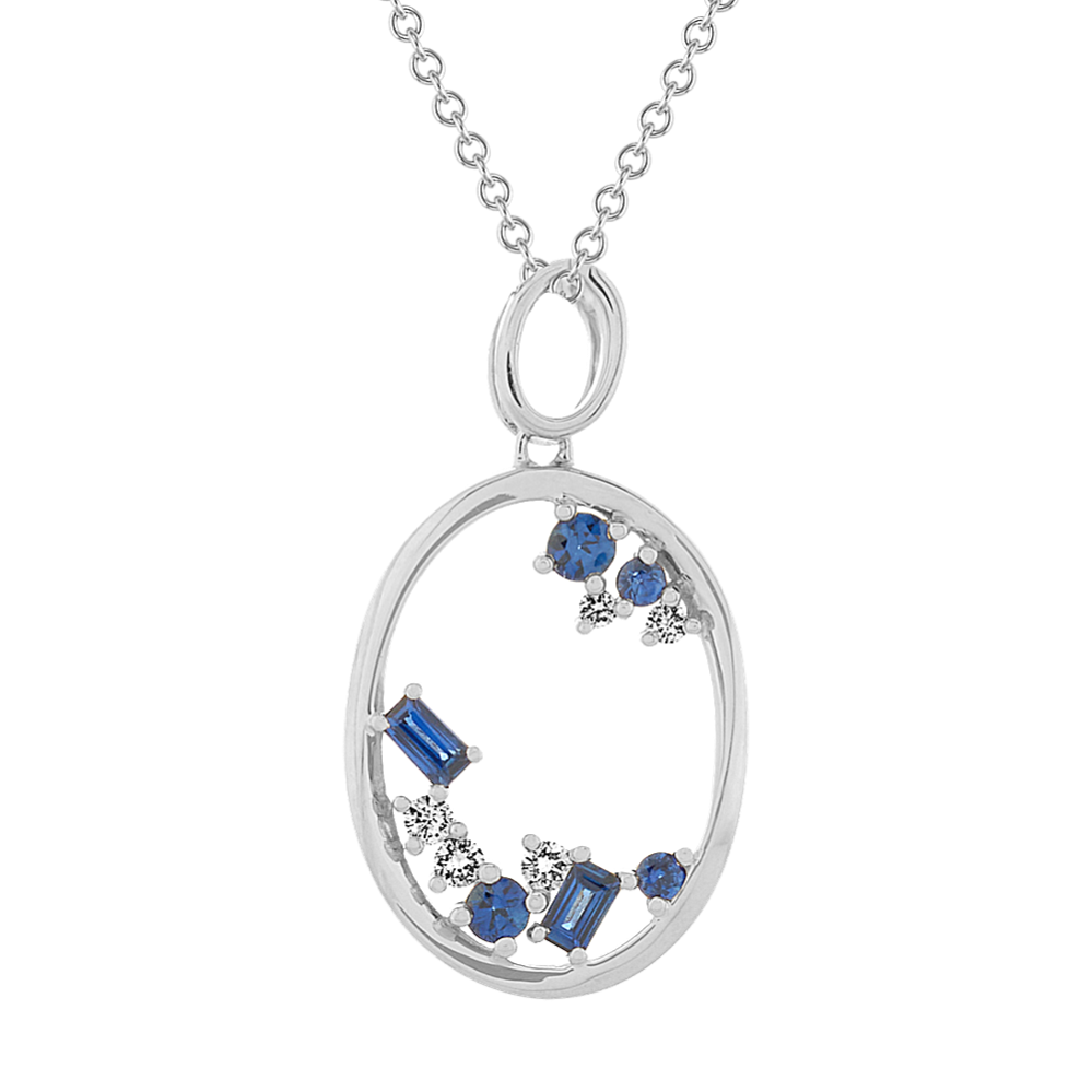 Traditional Sapphire and Diamond Pendant in 14K White Gold (18 in)