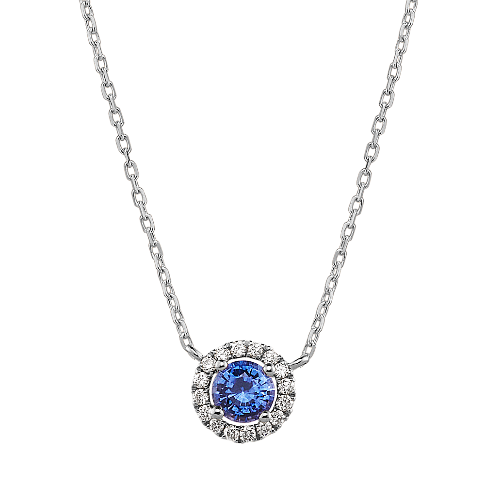 14K White Gold Blue Sapphire and Diamond Halo Necklace