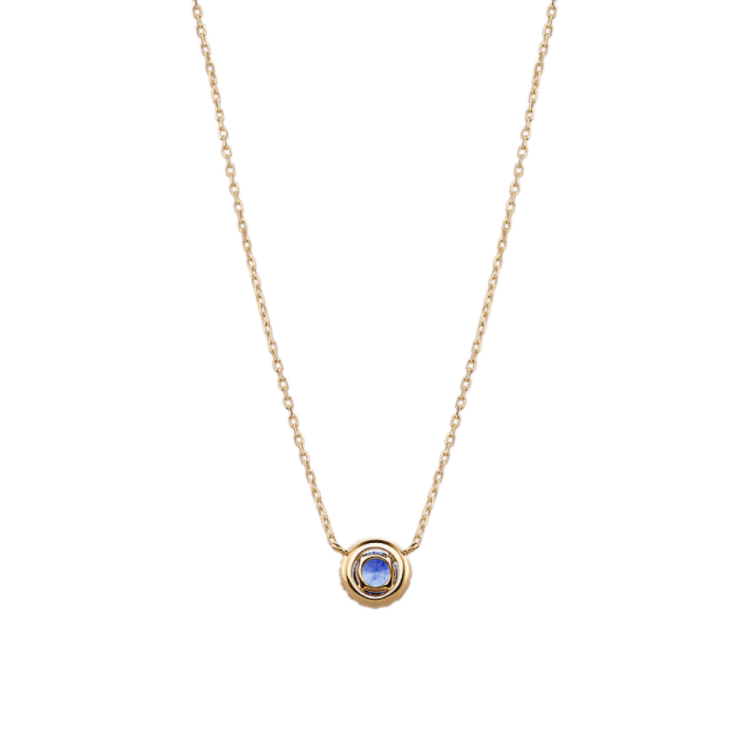 Traditional Natural Sapphire and Natural Diamond Halo Pendant in 14K Yellow Gold (20 in)