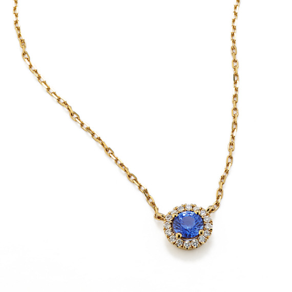 Traditional Sapphire and Diamond Halo Pendant in 14K Yellow Gold (20 in)