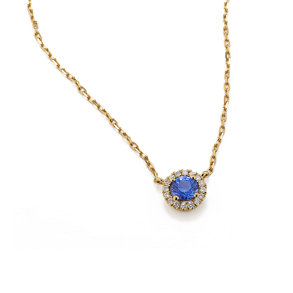 Traditional Natural Sapphire and Natural Diamond Halo Pendant in 14K Yellow Gold (20 in)