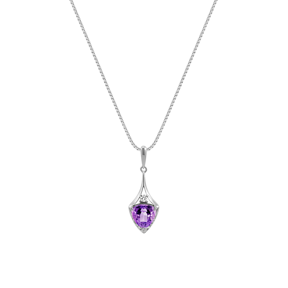 Trillion Natural Amethyst and Round Natural Diamond Pendant in Sterling ...
