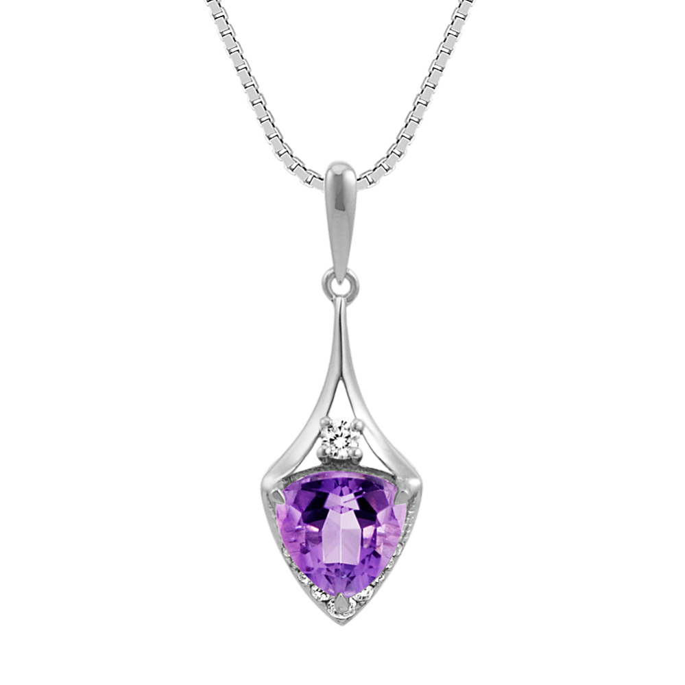 Trillion Amethyst and Round Diamond Pendant in Sterling Silver (18 in)