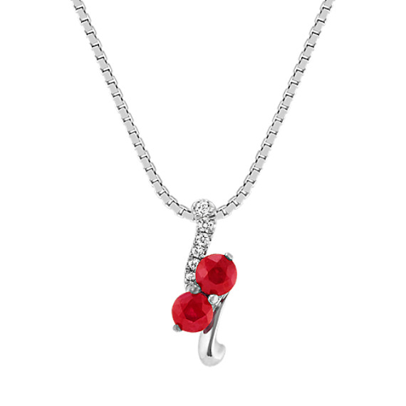 Two-Stone Round Ruby and Diamond Pendant in 14k White Gold (18 in)