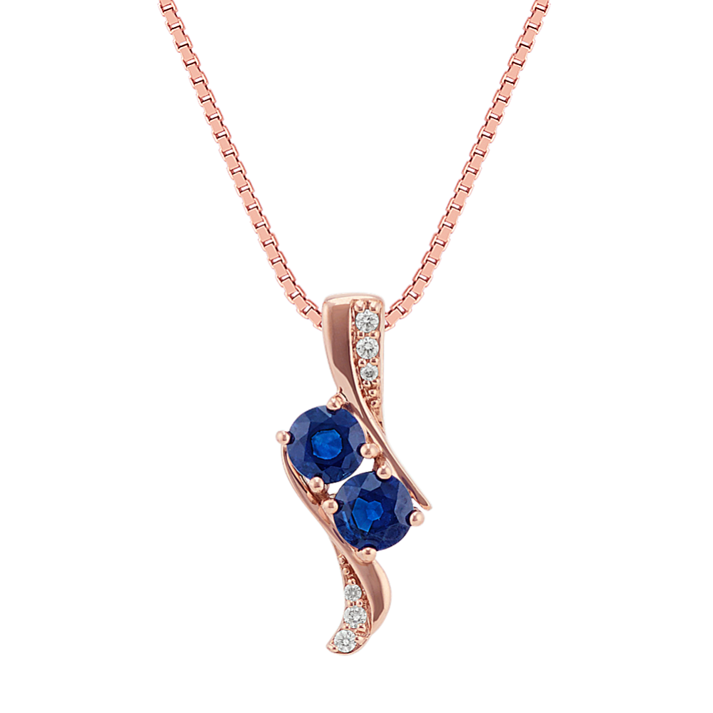 Two-Stone Round Sapphire and Diamond Pendant in 14k Rose Gold (18 in)