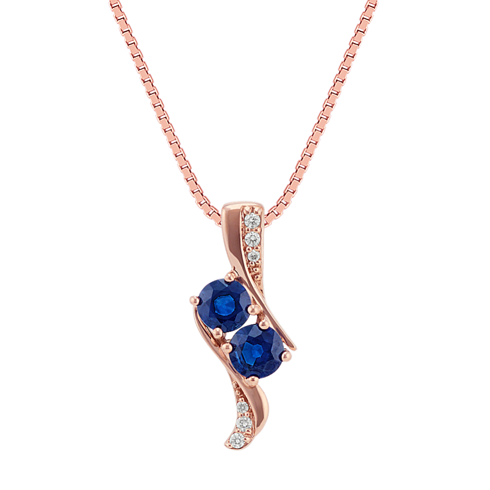 Two-Stone Round Sapphire and Diamond Pendant in 14k Rose Gold (18'')
