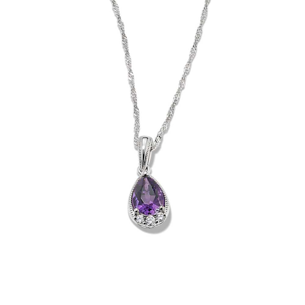 Sloane Vintage Natural Amethyst and Natural Diamond Pendant in 14K White Gold (20 in)