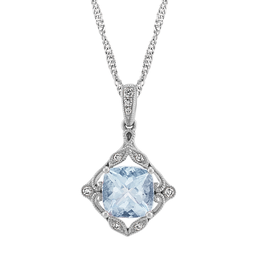 Aster Vintage Aquamarine and Diamond Pendant in 14K White Gold (20 in)