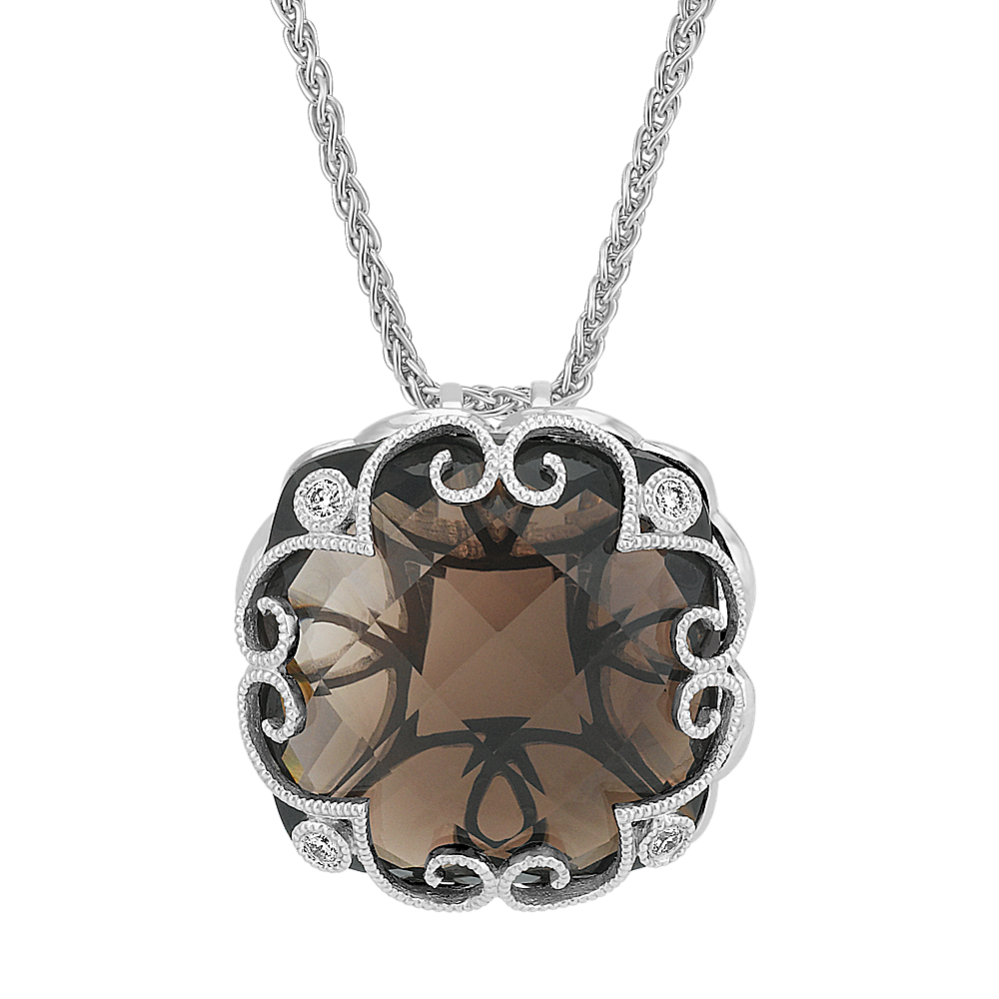 Vintage Cushion Cut Smoky Quartz and Round Diamond Pendant (24'')