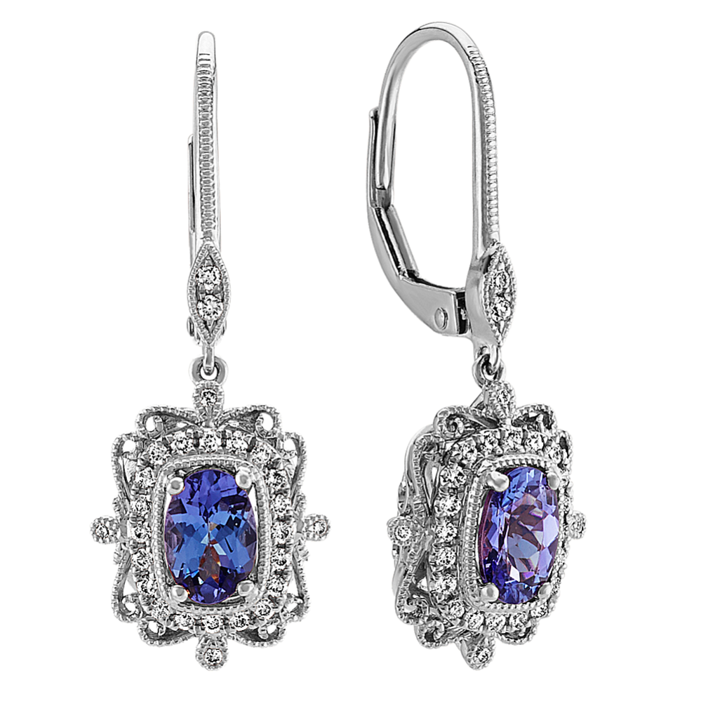 Vintage Dangle Tanzanite and Diamond Earring in 14k White Gold