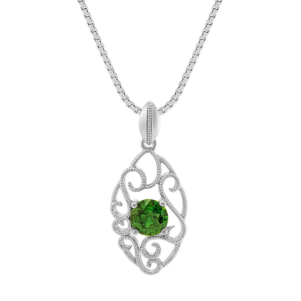 Vintage Green Sapphire and Sterling Silver Pendant (20 in)