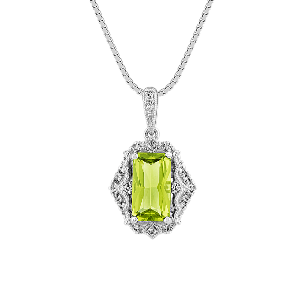 Vintage Green Natural Peridot and White Natural Sapphire Pendant (20 in)