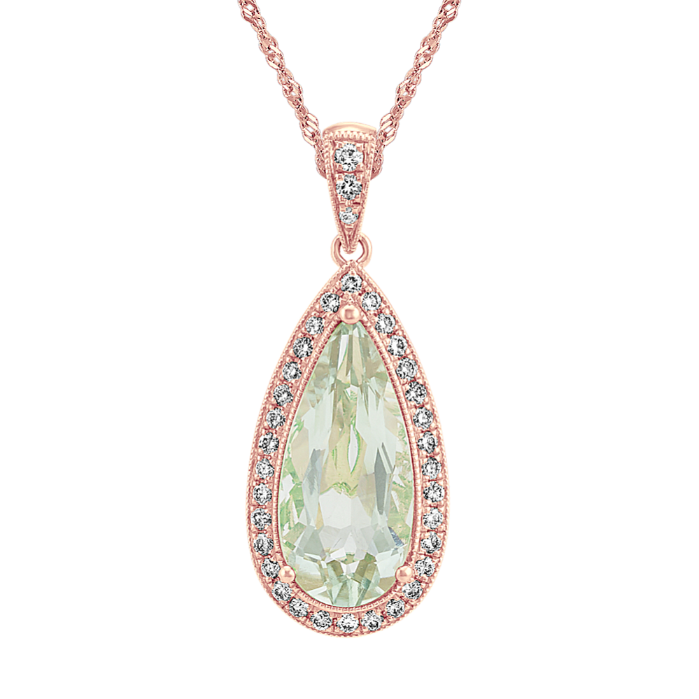Vintage Green Quartz and Diamond Pendant in 14k Rose Gold (22'')