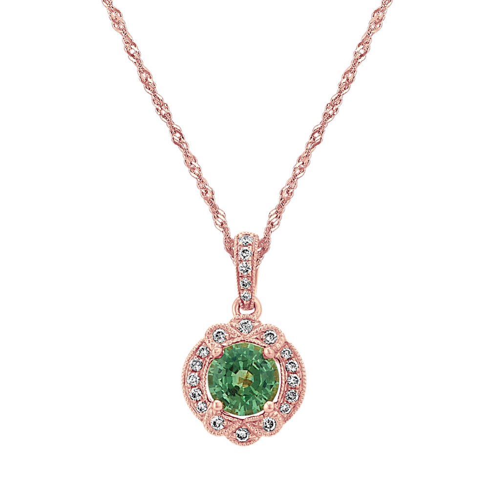 Vintage Green Sapphire and Diamond Pendant (22 in)