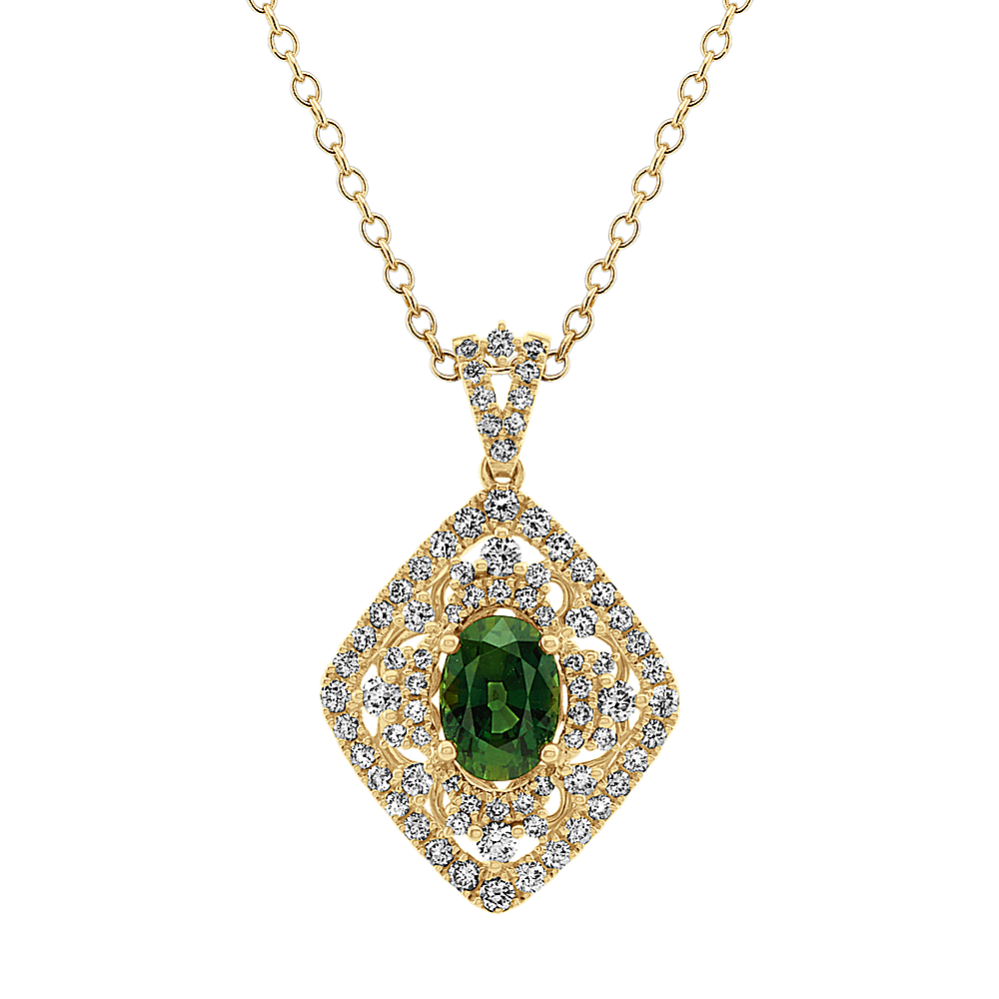 Vintage Green Sapphire and Diamond Pendant (24 in)