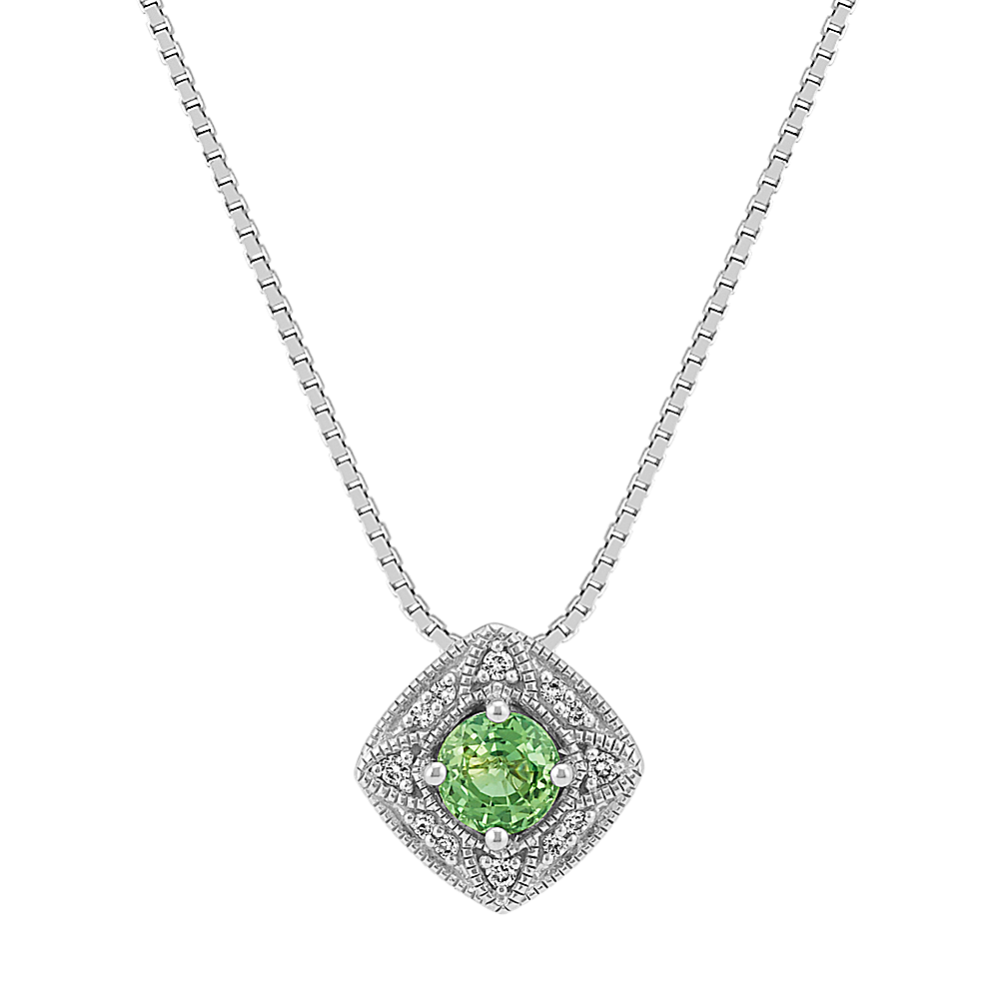 Vintage Green Sapphire and Round Diamond Pendant (18'')