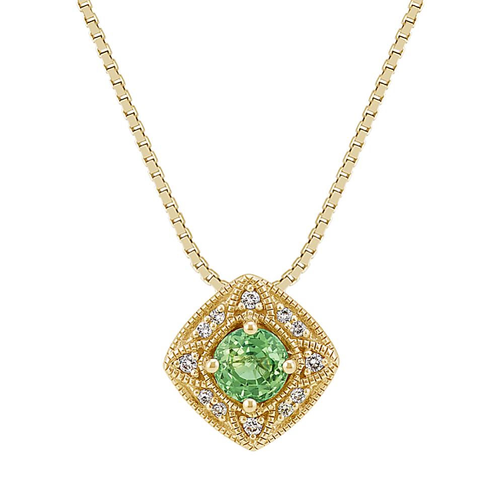 Vintage Green Sapphire and Round Diamond Pendant (18 in)
