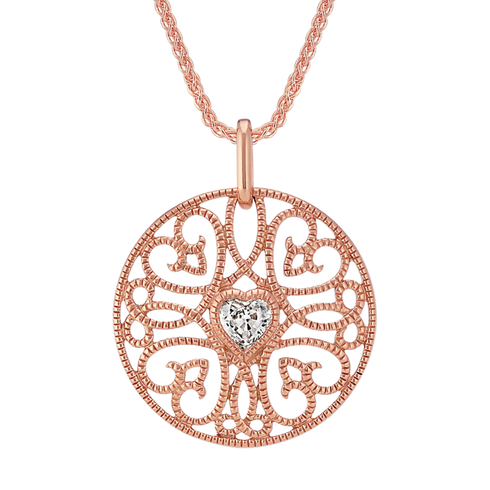 Vintage Heart-Shaped White Sapphire Pendant in 14k Rose Gold (22 in)