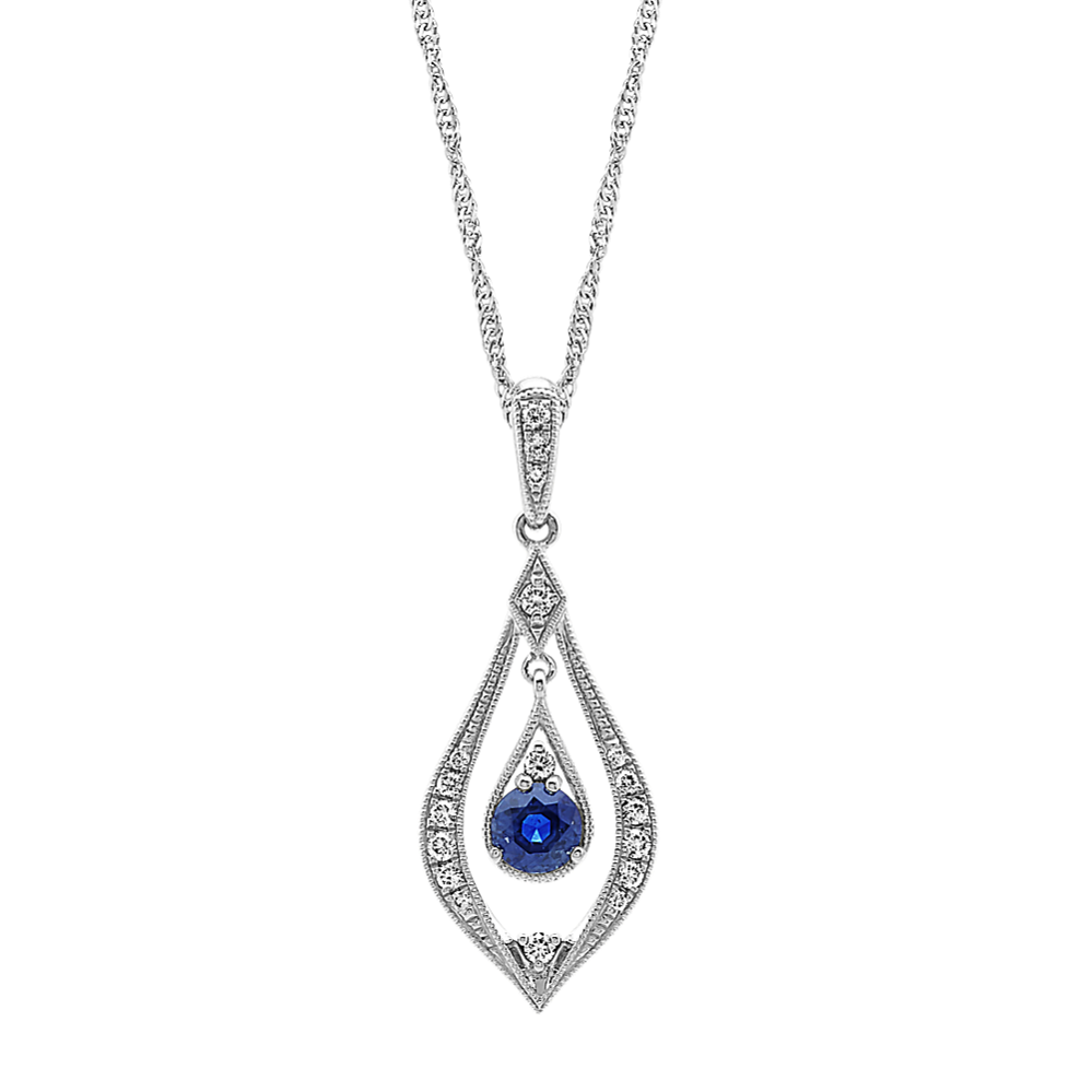 Vintage Traditional Blue Sapphire and Diamond Pendant (18 in)