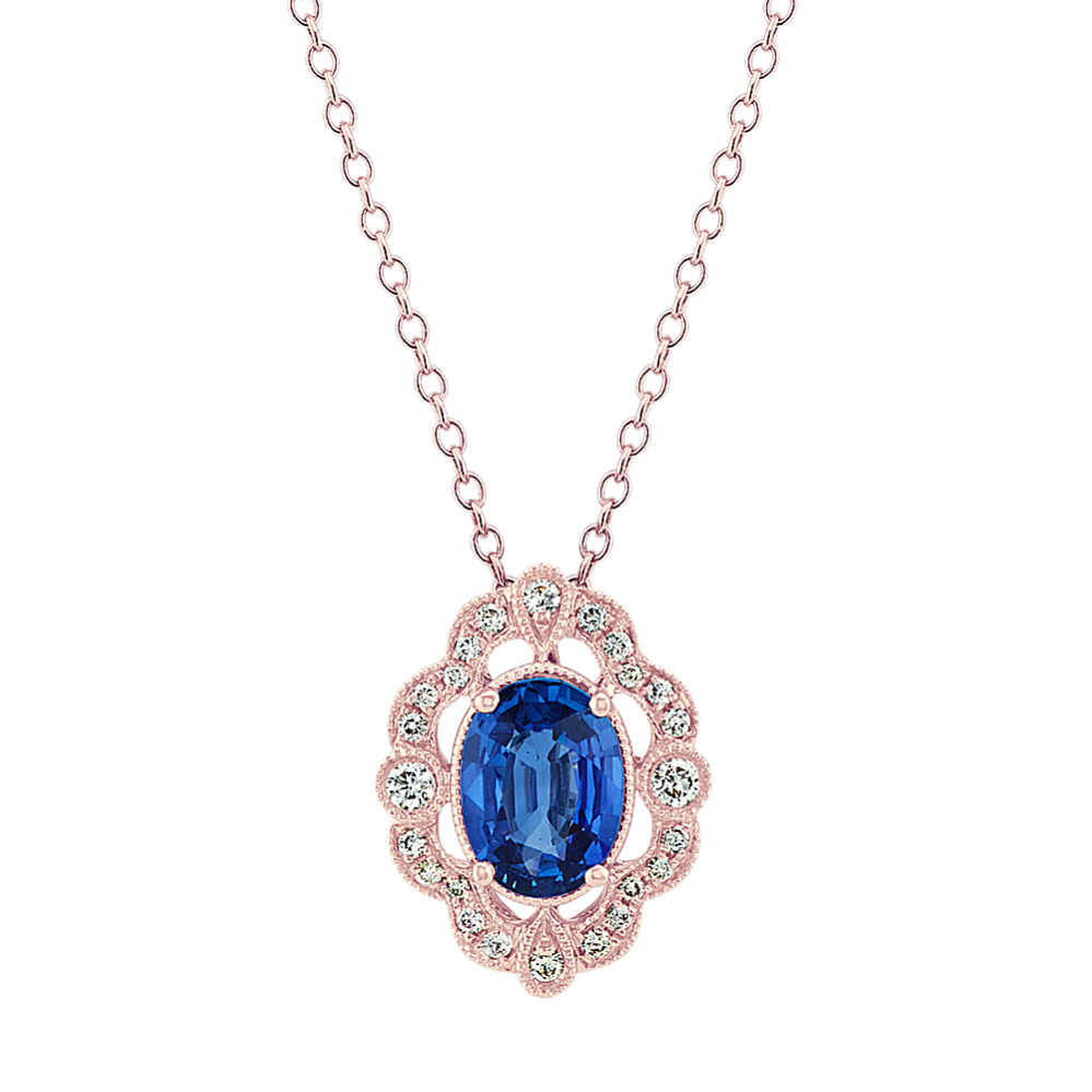 Vintage Traditional Blue Sapphire and Diamond Pendant (22 in)