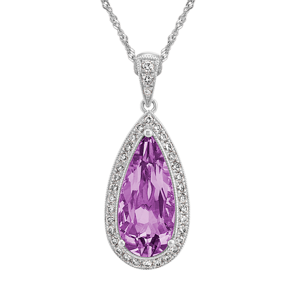Violetta Vintage Amethyst and Diamond Pendant in 14K White Gold (22'')