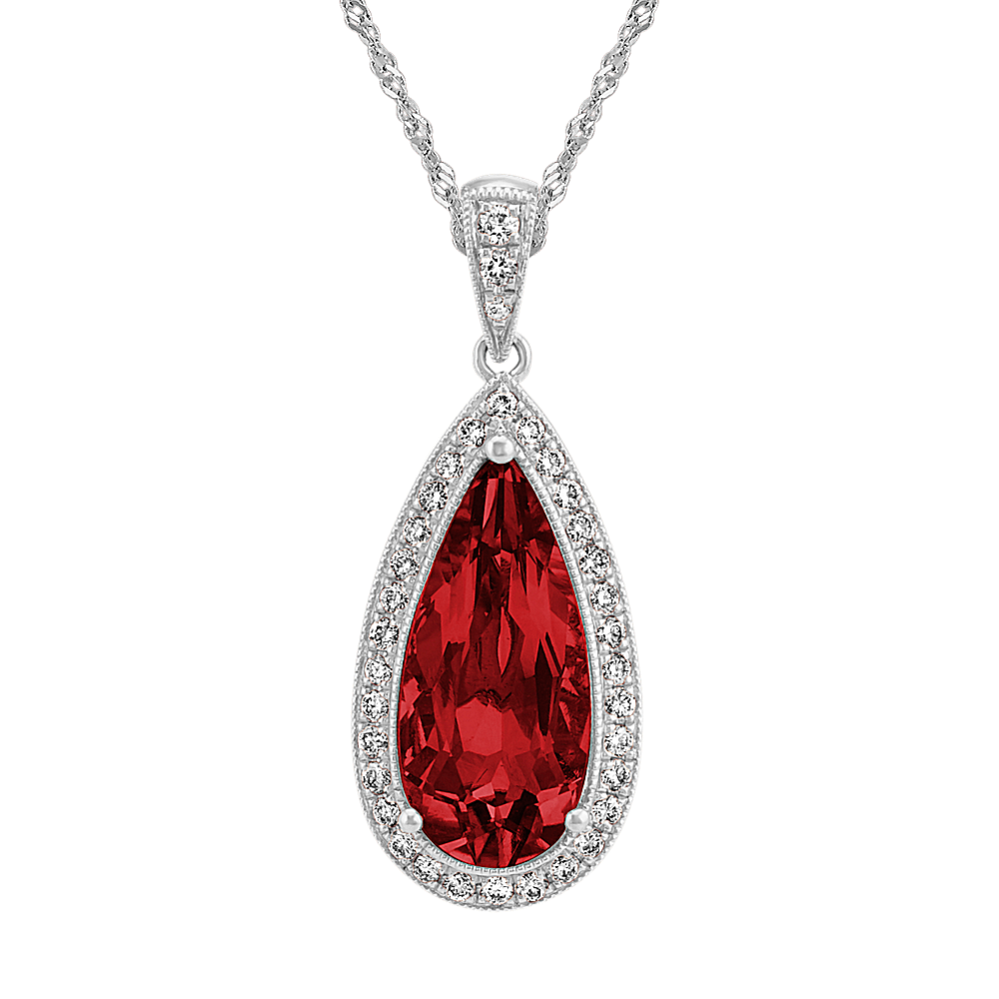 Violetta Vintage Garnet and Diamond Pendant in 14K White Gold (22'')