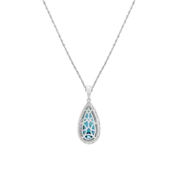 Violetta Vintage Natural London Blue Topaz and Natural Diamond Pendant in 14K White Gold (20 in)