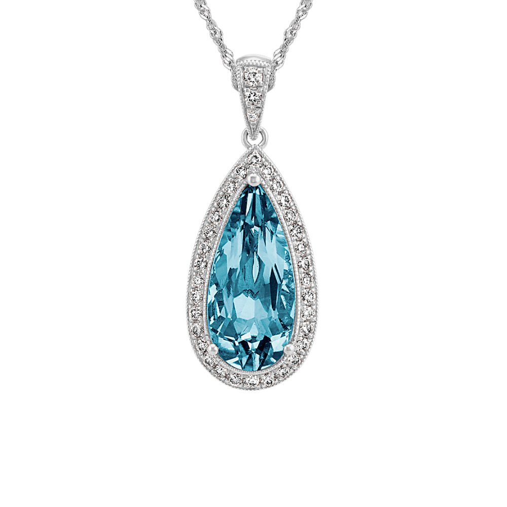 Violetta Vintage Natural London Blue Topaz and Natural Diamond Pendant in 14K White Gold (20 in)
