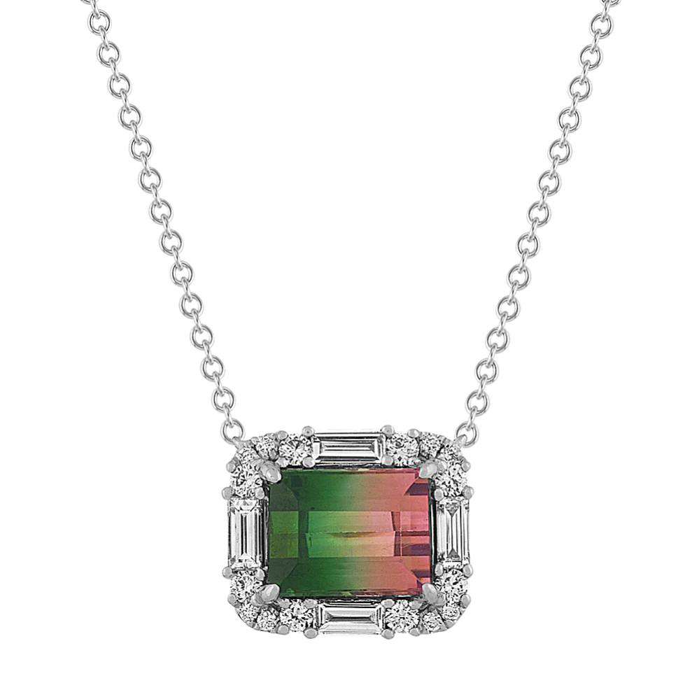 Watermelon Tourmaline Diamond Halo Necklace (18'')