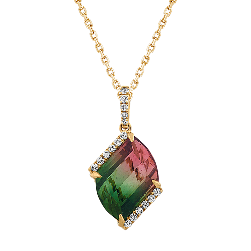 Watermelon Tourmaline and Diamond Pendant (24'')