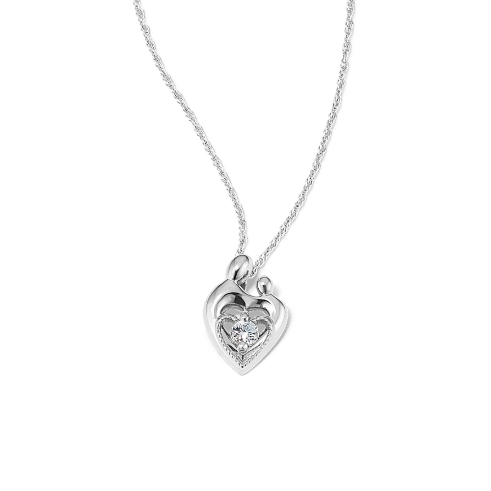 White Natural Sapphire Mother & Child Heart Pendant (20 in)