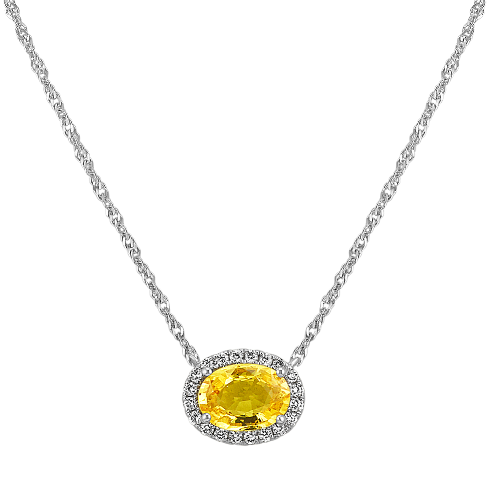 Yellow Sapphire and Diamond Oval Halo Necklace (18 in)