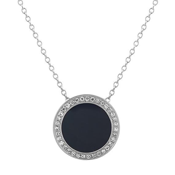 Black Enamel and Diamond Circle Necklace (18 in)