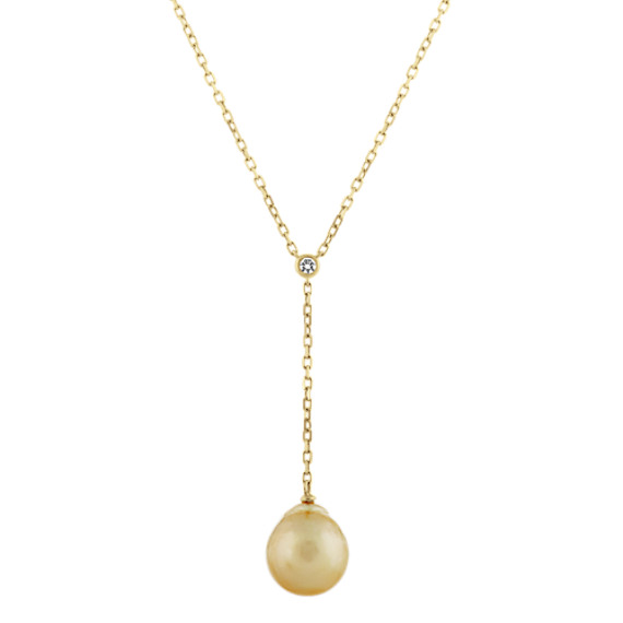 10mm Golden Baroque Pearl and Diamond Y Necklace in 14k Yellow Gold (18 in)