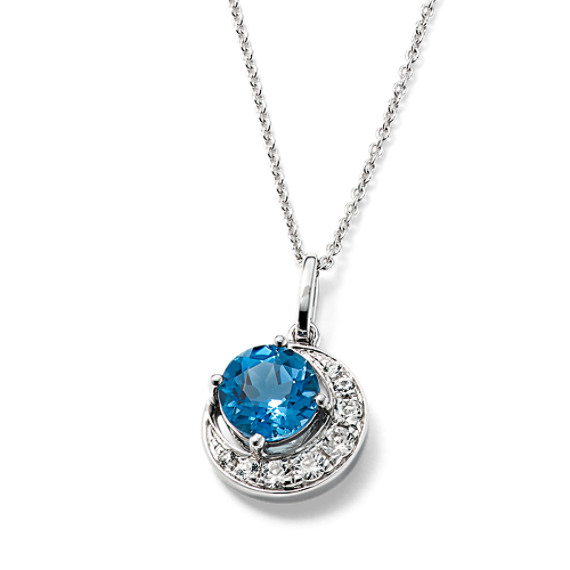 Blue Topaz and White Sapphire Crescent Moon Pendant (20 in)