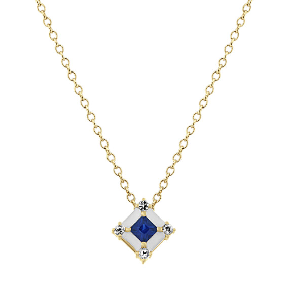 Traditional Blue and White Sapphire Enamel Pendant (18 in)