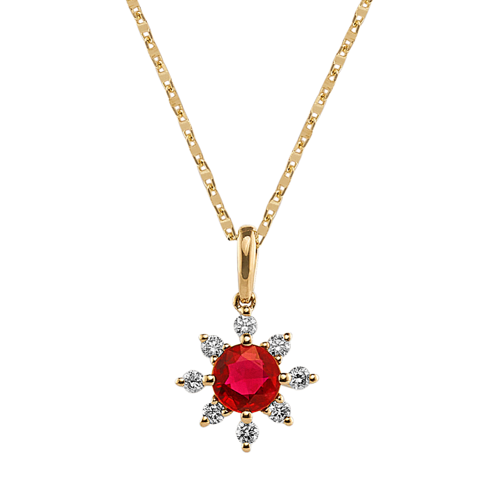 Ruby and Diamond Halo Necklace in 14K Yellow Gold (18 in)